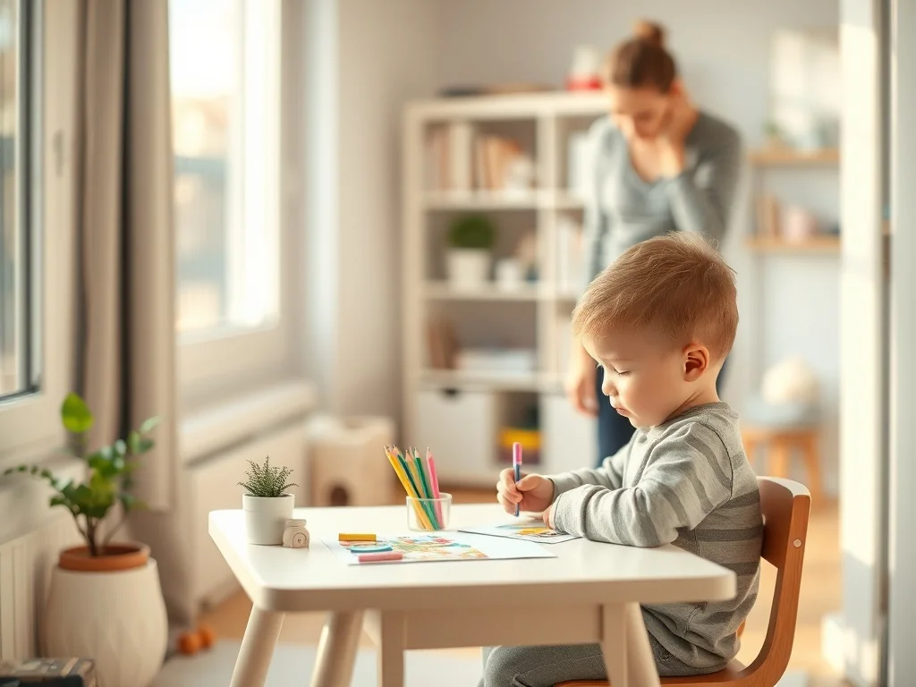 Dziecko spokojnie koncentruje się nad układanką przy biurku, obok czuwa dorosły; cichy, uporządkowany kącik do nauki.