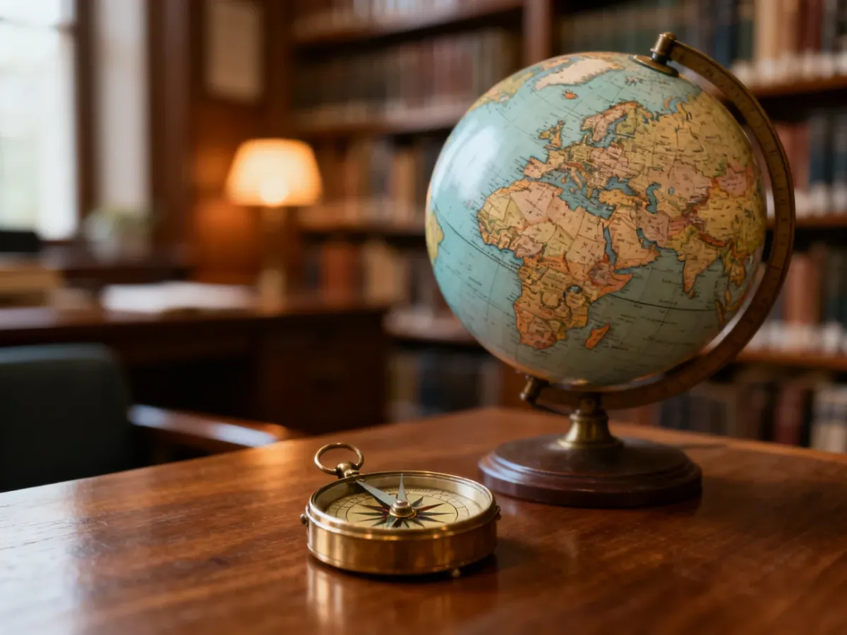 Zabytkowy globus z widocznym kontynentem europejskim oraz mosiężny kompas na drewnianym biurku w bibliotece.