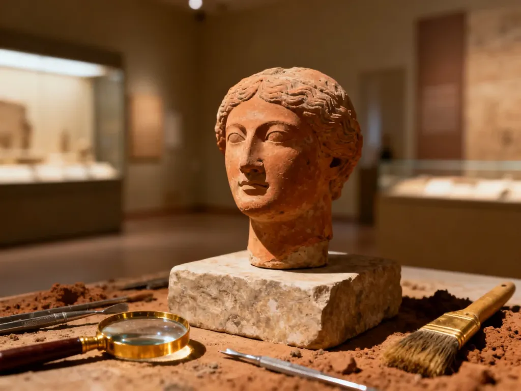 Starożytny artefakt na kamiennym postumencie w otoczeniu narzędzi archeologicznych w klimatycznym wnętrzu muzeum.