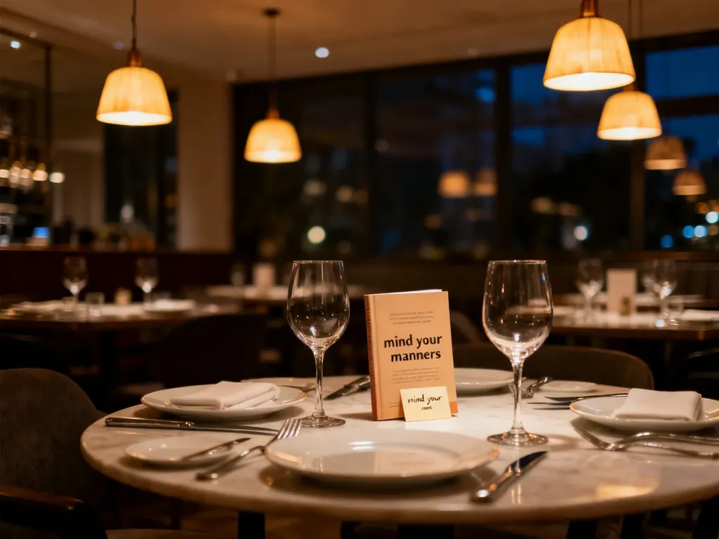 Elegancko nakryty stół w restauracji z poradnikiem savoir-vivre’u, symbolizujący zasady dobrego wychowania.