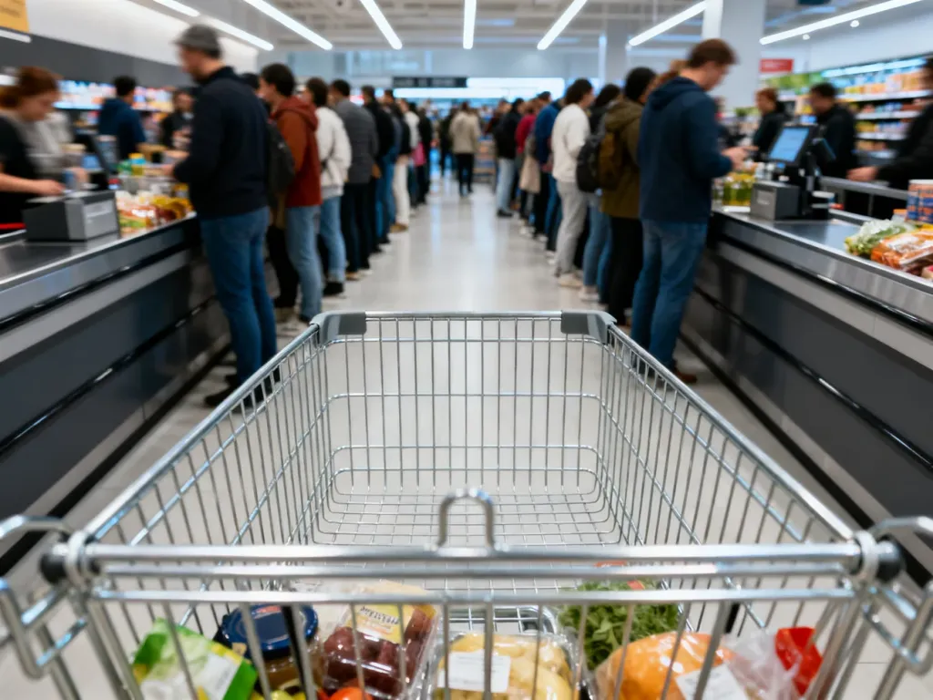 Wózek sklepowy blokujący dostęp do kolejki w supermarkecie, symbolizujący wyznaczanie granic w tłumie.