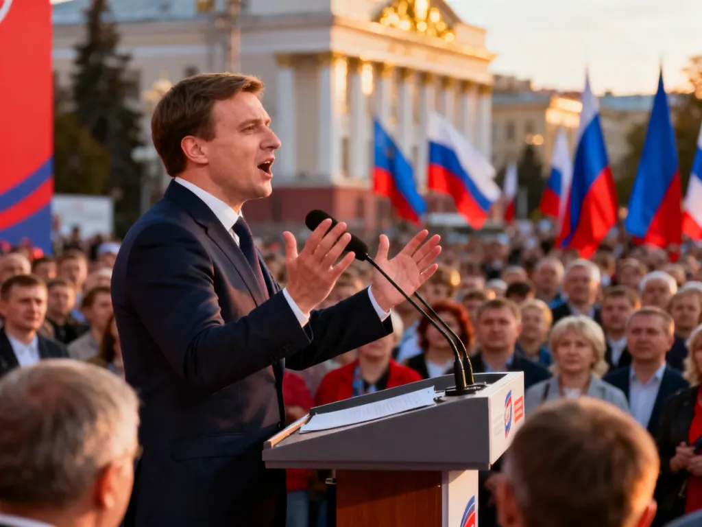Mężczyzna przemawiający z mównicy do tłumu ludzi, co symbolizuje populistyczne wystąpienie polityczne.