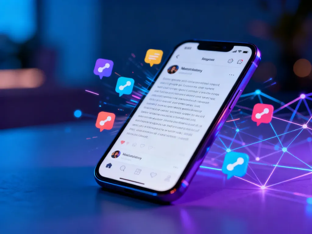 Smartfon wyświetlający post z ikonami udostępnień i powiadomień, symbolizujący szybkie rozprzestrzenianie się treści viralowych.