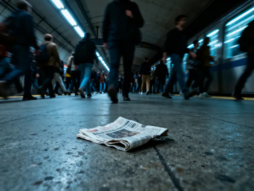 Zatłoczona stacja metra w godzinach szczytu z porzuconą gazetą na podłodze, oddająca chaos i zgiełk miejskiego tłumu.