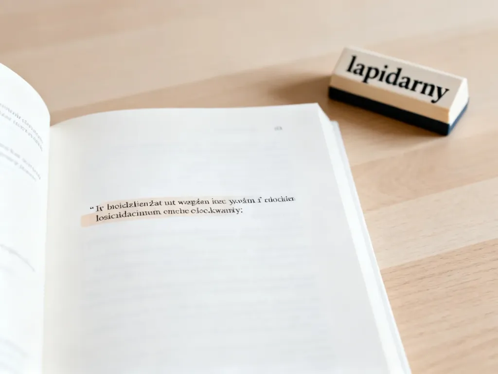 Otwarta książka z podkreślonym zwięzłym zdaniem i słownikiem na drewnianym biurku, ilustrująca znaczenie słowa „lapidarny”.