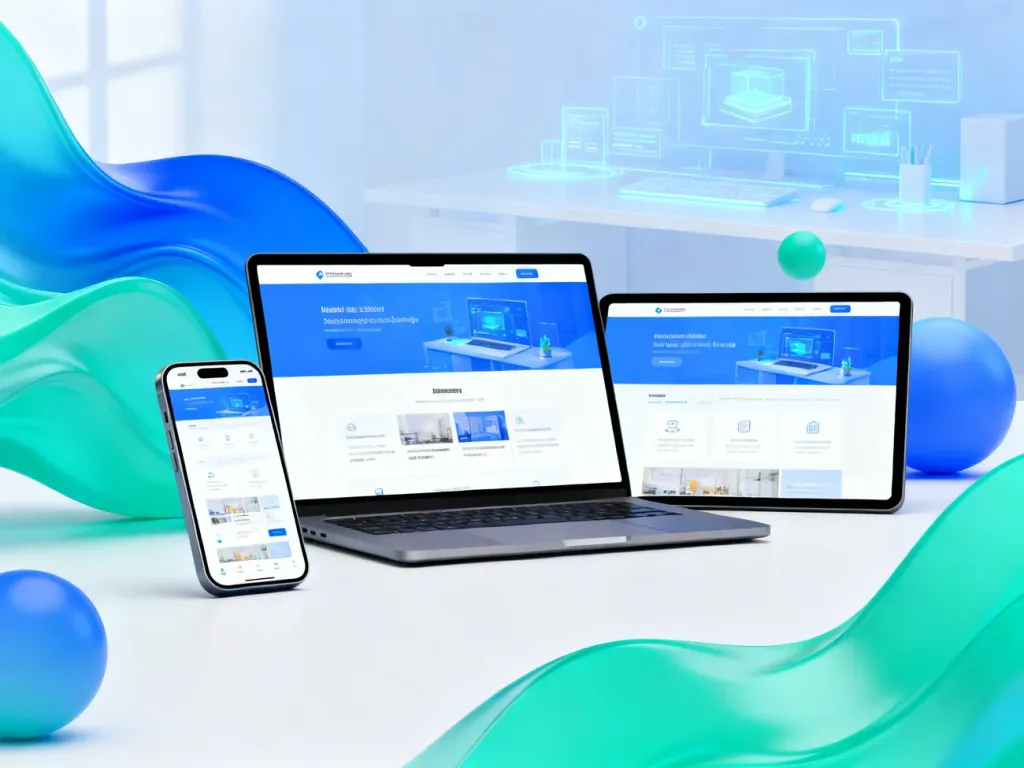 Smartfon, laptop i tablet z responsywnym układem strony internetowej w nowoczesnej, błękitnej stylistyce.