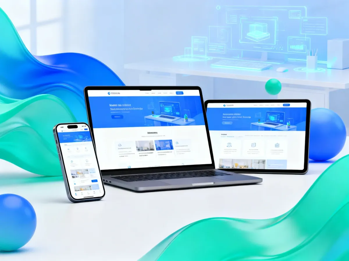 Smartfon, laptop i tablet z responsywnym układem strony internetowej w nowoczesnej, błękitnej stylistyce.