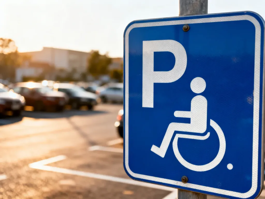 Niebieski znak miejsca parkingowego z symbolem wózka inwalidzkiego na tle parkingu w słoneczny dzień.