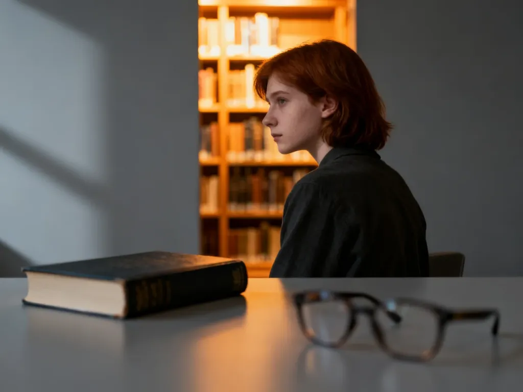 Zamknięta książka i osoba odwracająca się od biblioteki, symbolizujące ignorancję oraz utracone szanse na wiedzę.