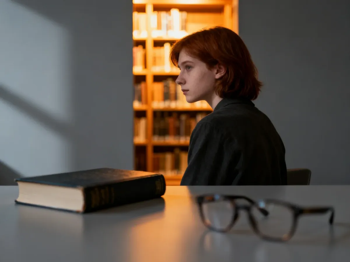 Zamknięta książka i osoba odwracająca się od biblioteki, symbolizujące ignorancję oraz utracone szanse na wiedzę.