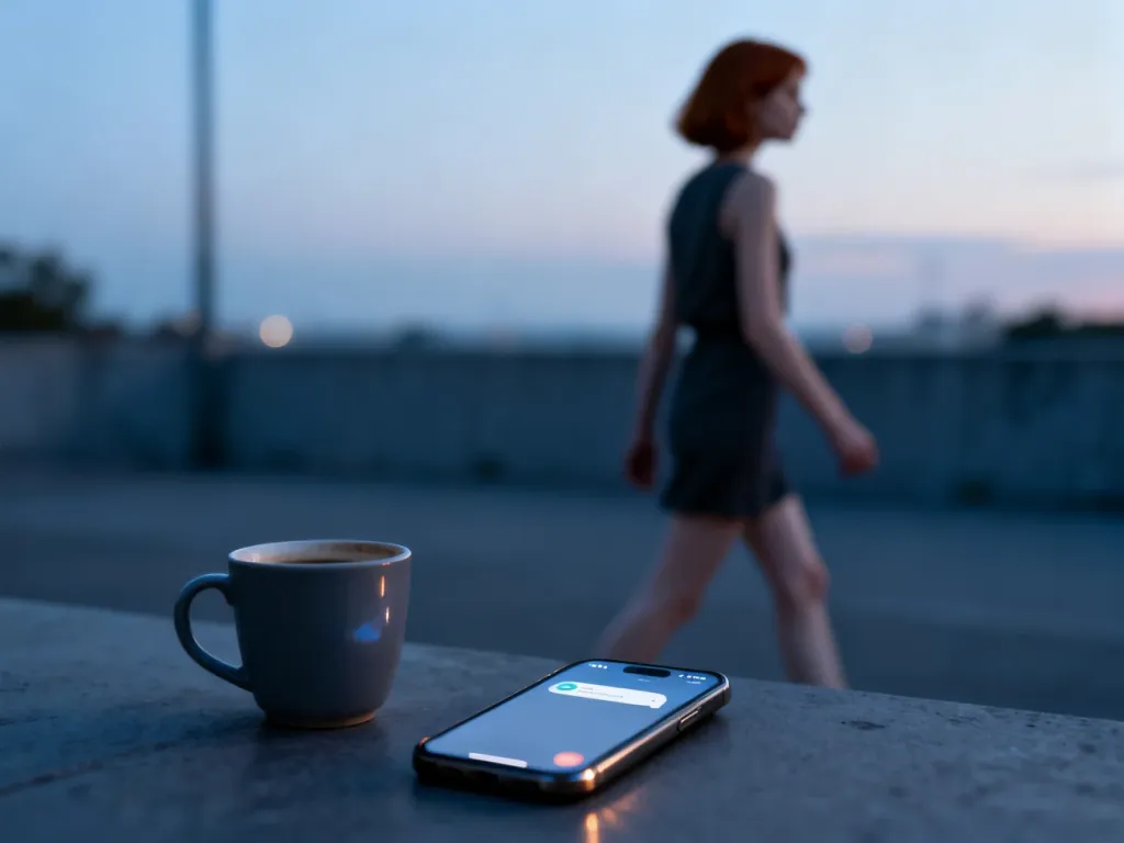 Smartfon z nieodczytaną wiadomością obok samotnej filiżanki kawy i oddalająca się kobieta, symbolizujące zjawisko ghostingu.