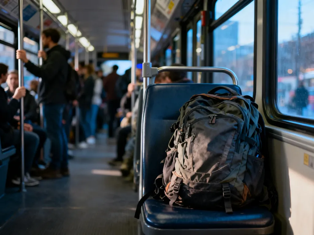 Plecak zajmujący wolne miejsce w zatłoczonym autobusie podczas porannego szczytu, uniemożliwiający pasażerom usiąście.