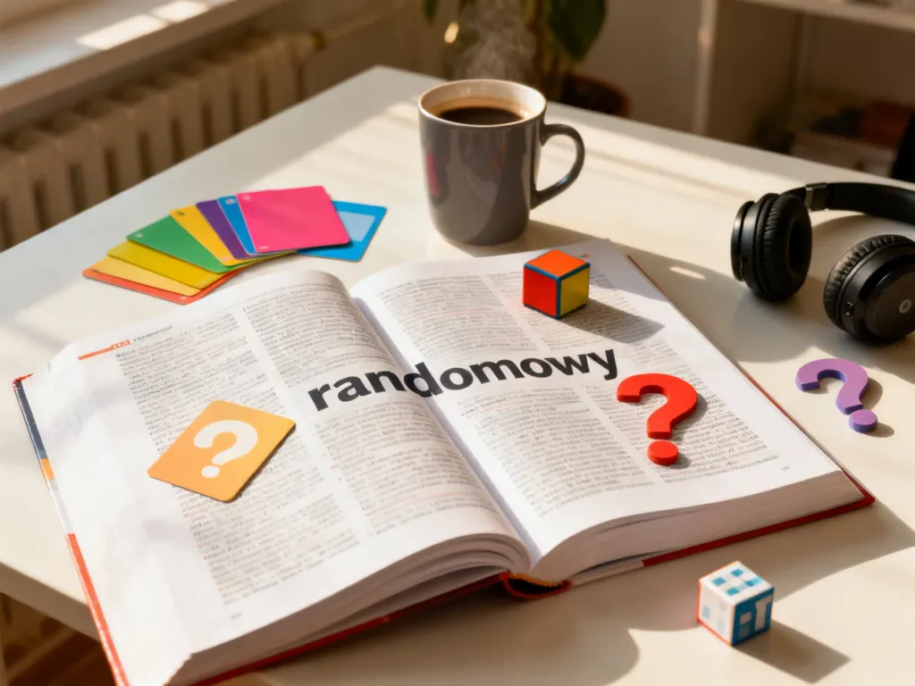 Otwarte słownik z napisem „randomowy” otoczony różnorodnymi przedmiotami, ilustrujący znaczenie tego słowa.