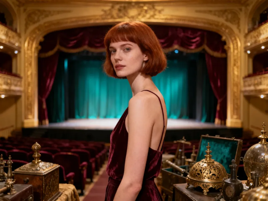 Elegancka kobieta w zabytkowej scenerii teatralnej, ilustrująca znaczenie słowa „anturaż”.