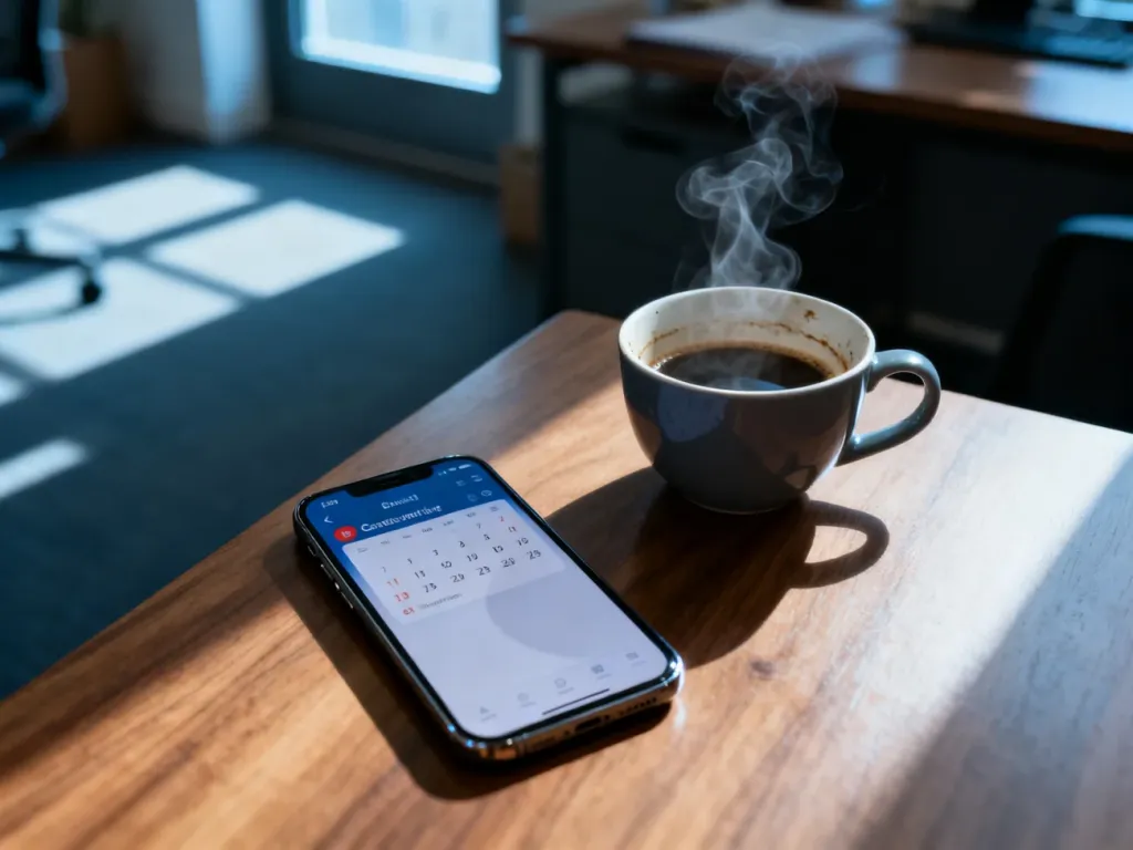 Smartfon z powiadomieniem o odwołanym spotkaniu leży na biurku obok filiżanki kawy, symbolizując zmianę planów w pracy.