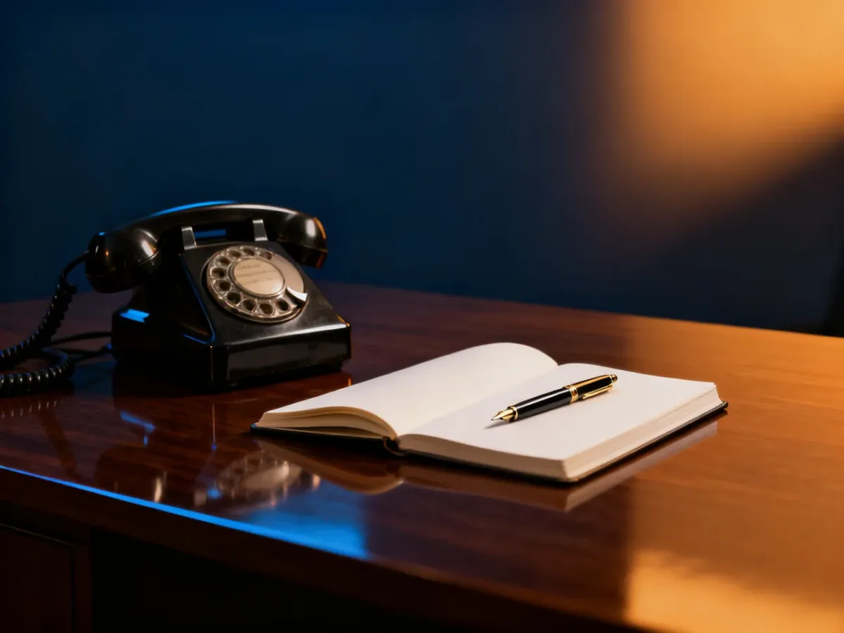 Stary telefon na biurku z otwartym notatnikiem, symbolizujący namysł nad odpowiedzią na dwuznaczną wiadomość.