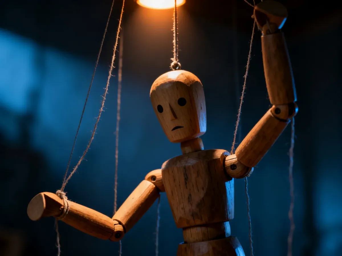 Drewniana marionetka na sznurkach w przyciemnionym świetle, symbolizująca nieszczerość i manipulację w relacjach.