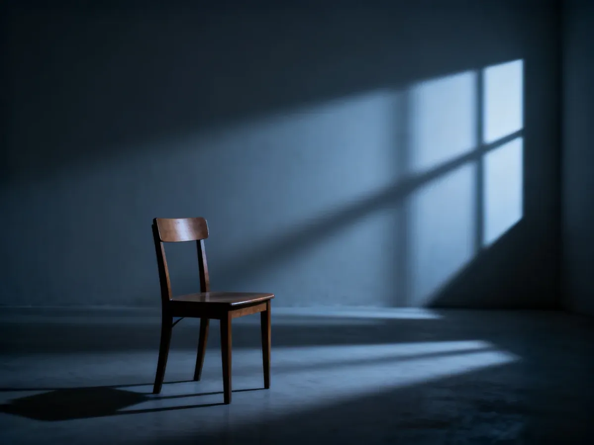 Samotne drewniane krzesło w pustym, minimalistycznym pokoju, symbolizujące izolację i lęk społeczny.