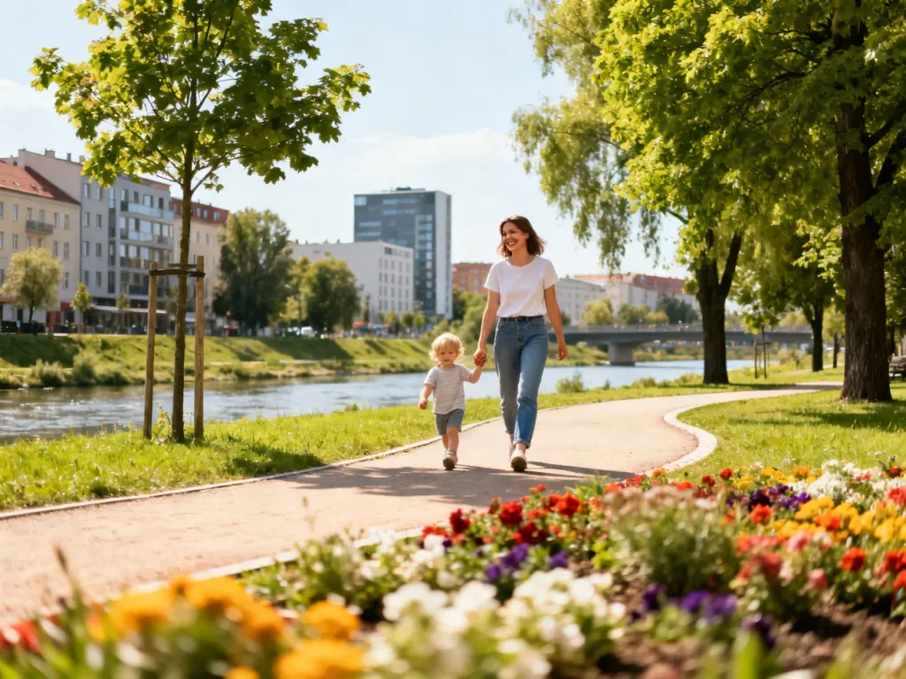 Mama spaceruje z małym dzieckiem po słonecznym parku w Rzeszowie, wśród zieleni drzew i kwiatów, nad rzeką; no text on the picture
