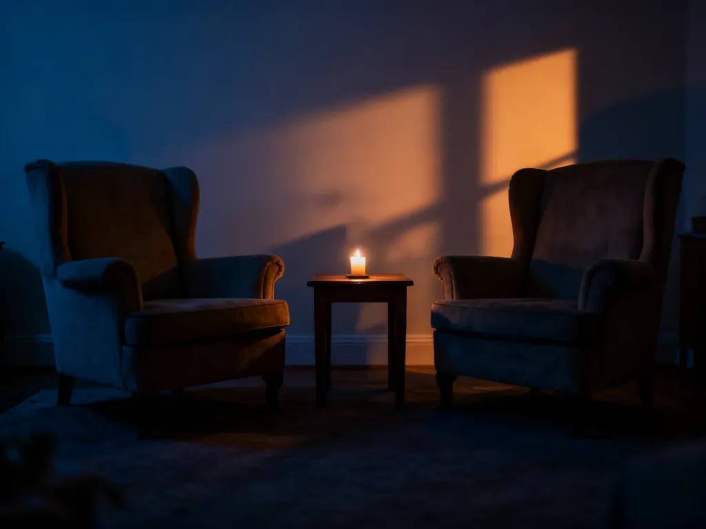 Dwa puste fotele zwrócone ku sobie przy zapalonej świecy, symbolizujące przestrzeń do spokojnej rozmowy i pojednania.