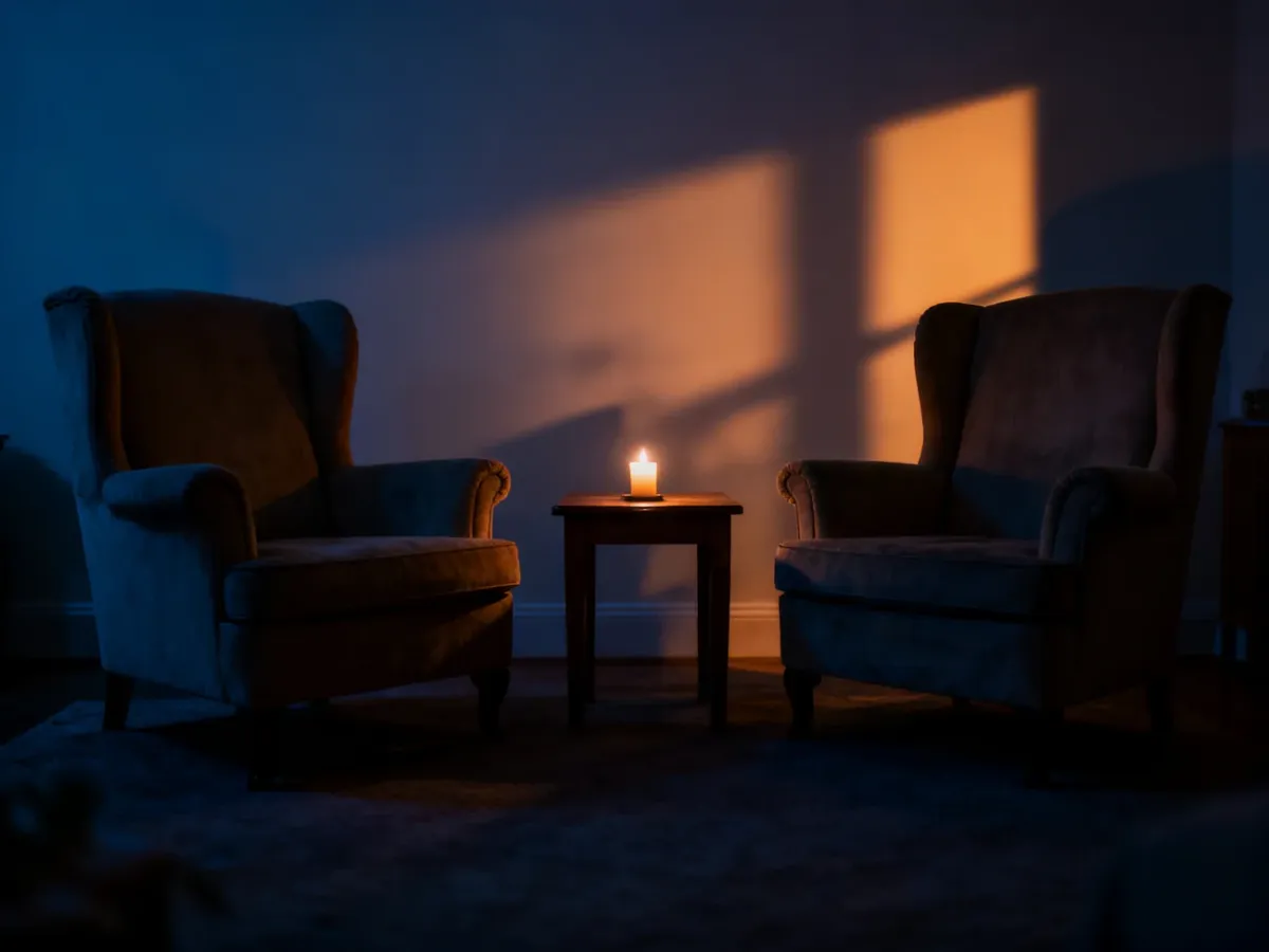 Dwa puste fotele zwrócone ku sobie przy zapalonej świecy, symbolizujące przestrzeń do spokojnej rozmowy i pojednania.