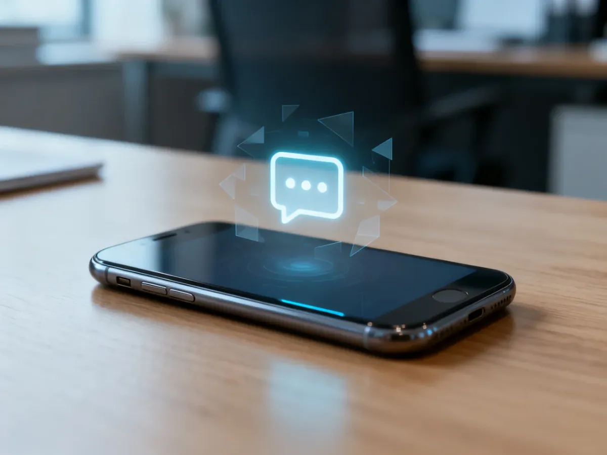Smartfon na biurku z powiadomieniem o wiadomości, symbolizujący cyfrowe napięcie w komunikacji.