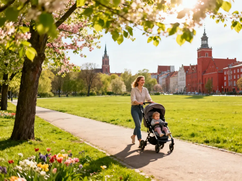 Mama spaceruje z dzieckiem w wózku po zielonym parku w Gdańsku, w tle ceglane kamienice i wieża kościoła, no text on the picture